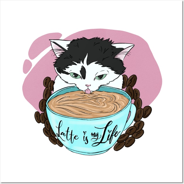 Waffle the cat with latte macciatto coffee Wall Art by Vikki.Look